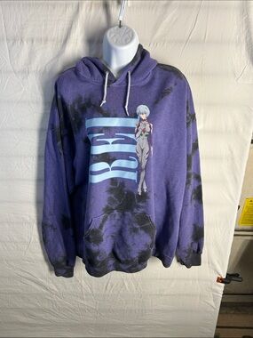 Purple Tie-Dye Graphic Hoodie with Blue Character Print